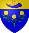D'azur à la branche d'oranger fruitée de trois pièces d'or, tigée et feuillée de sinople, au chef d'or chargé d'un huchet d'azur embouché, virolé et enguiché de gueules